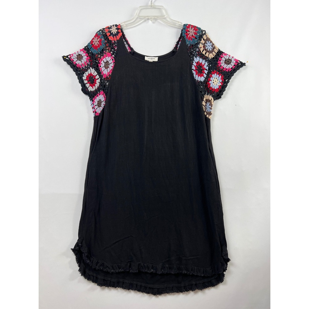 Umgee Crochet Sleeve Dress Womens Small Black Linen Blend Boho Granny Square